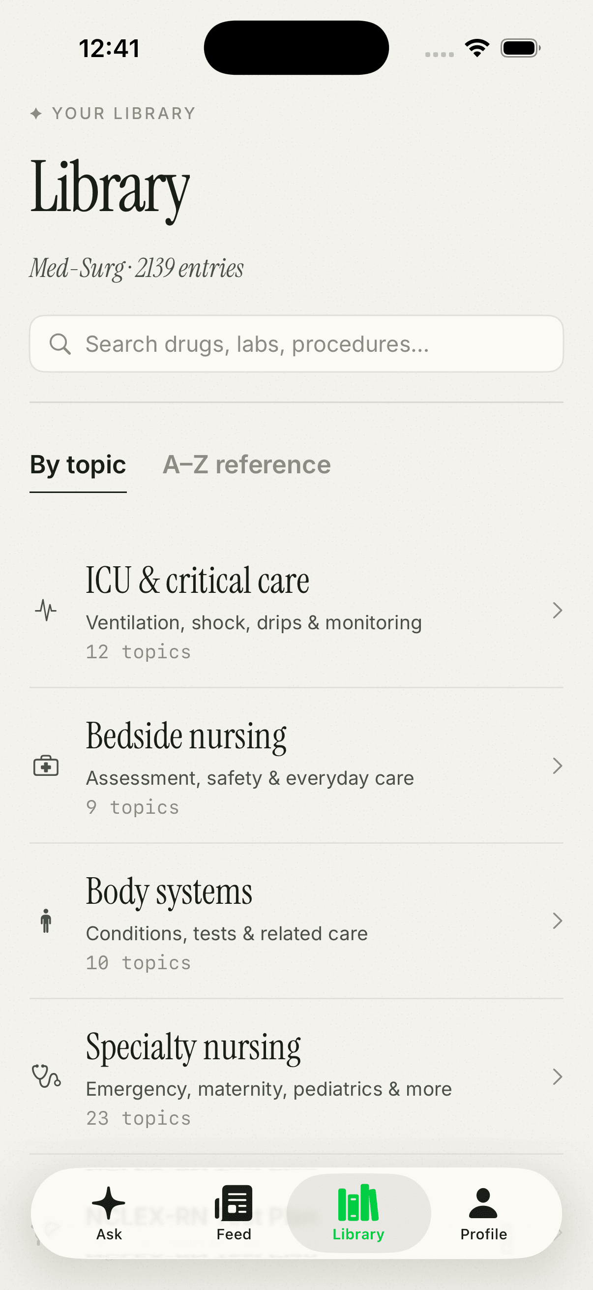 NurseMind Library: search, topic collections, and the A–Z reference