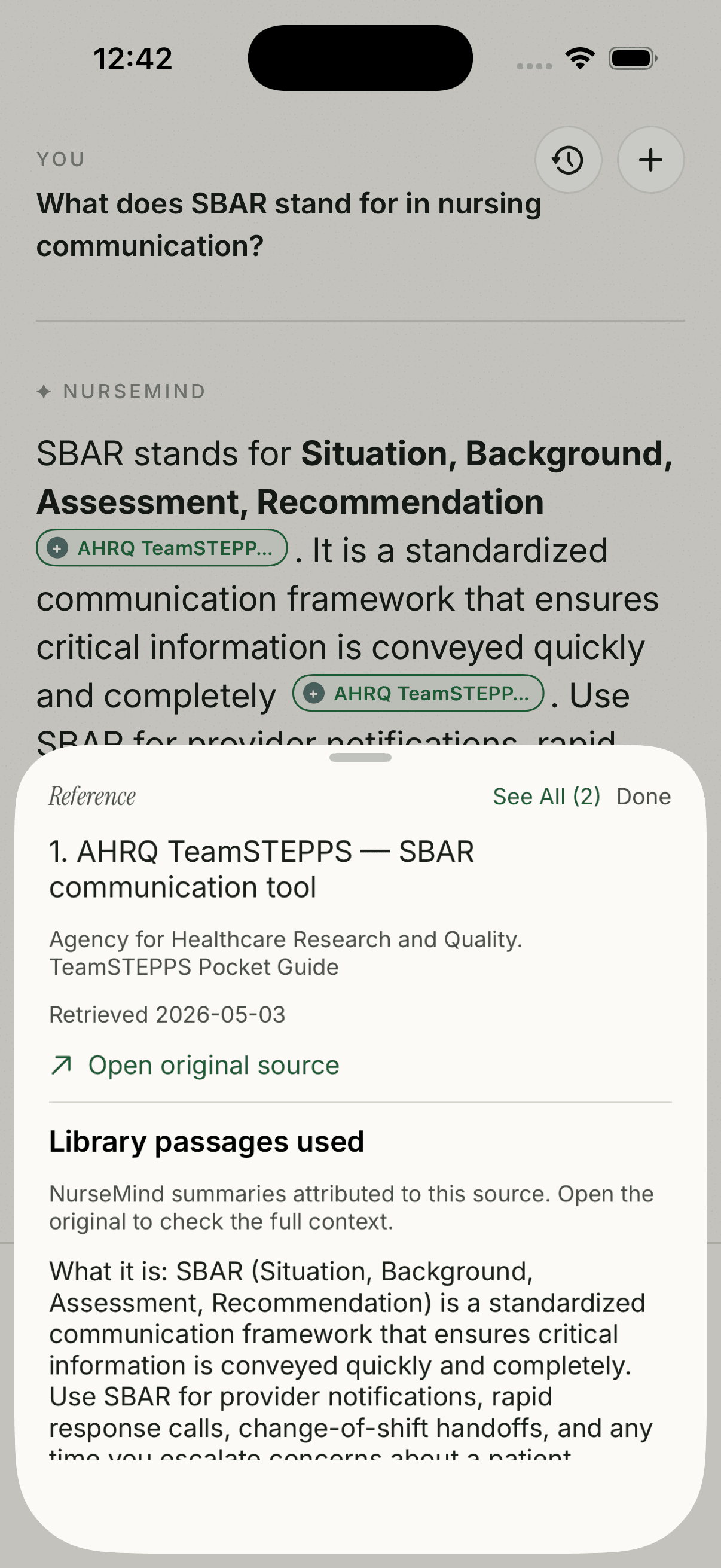 NurseMind source details: AHRQ TeamSTEPPS reference and supporting library passages