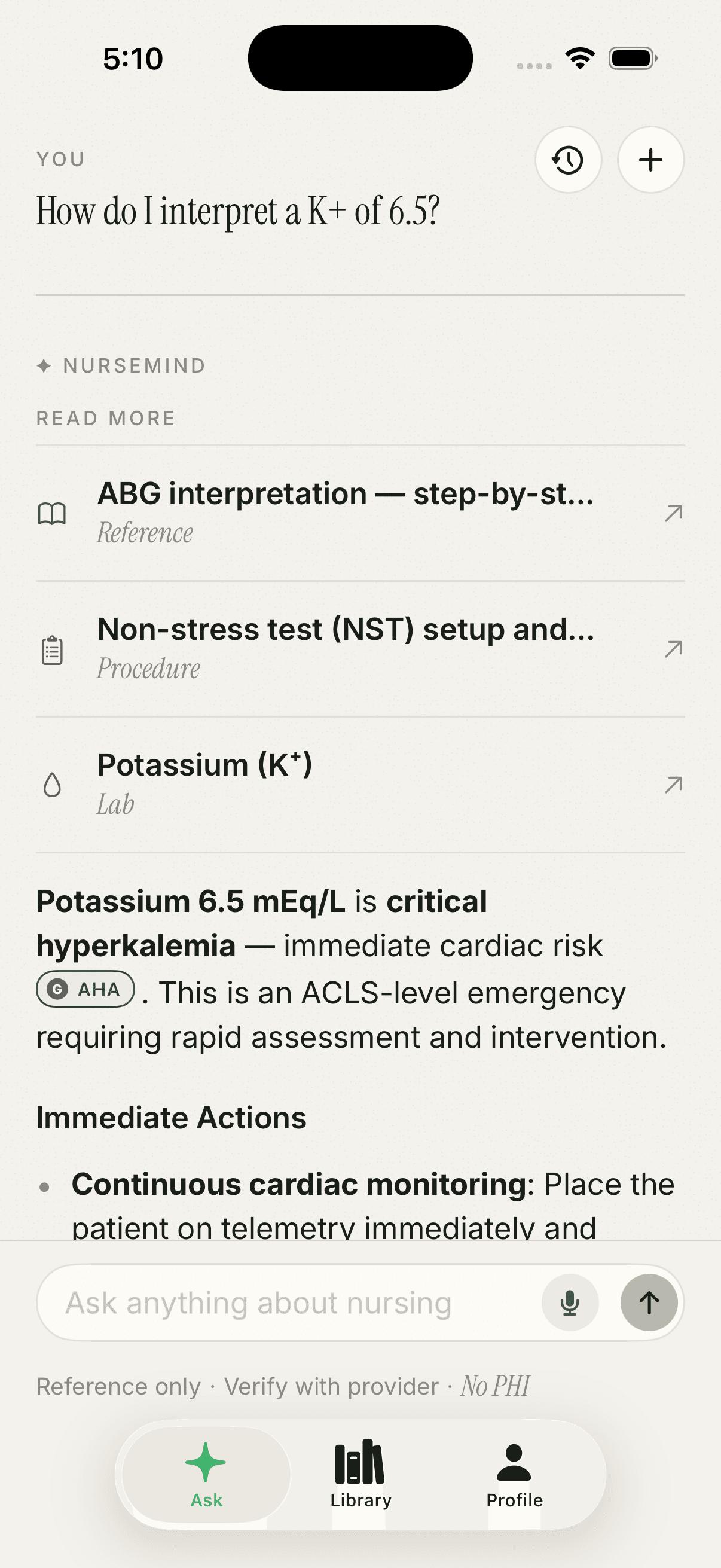 Nursemind AI answer in action — interpreting a potassium of 6.5, with reference entries surfaced first and an AHA citation chip on the critical finding
