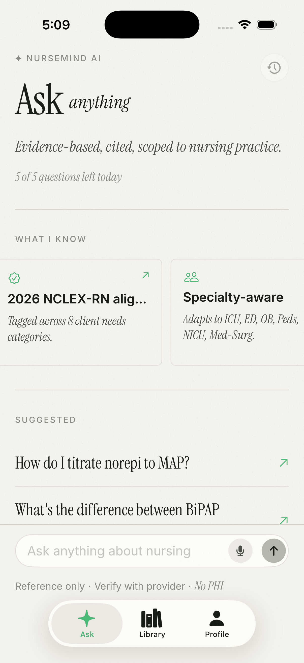 Nursemind Ask home screen — italic display headline 'Ask anything' with quota, NCLEX alignment, and suggested questions