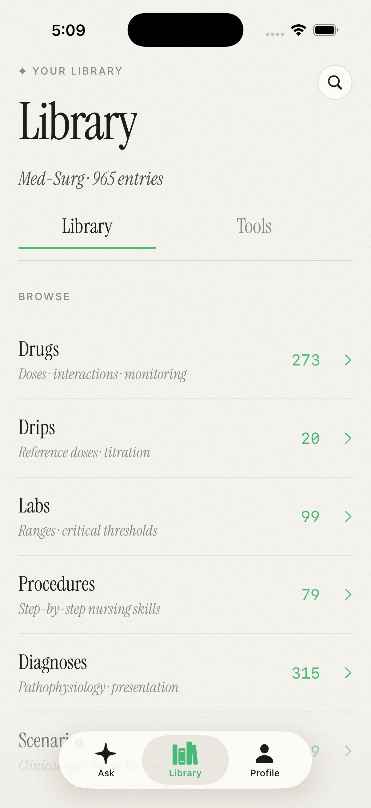 Nursemind Library tab — Med-Surg specialty showing browse categories Drugs, Drips, Labs, Procedures, Diagnoses with entry counts