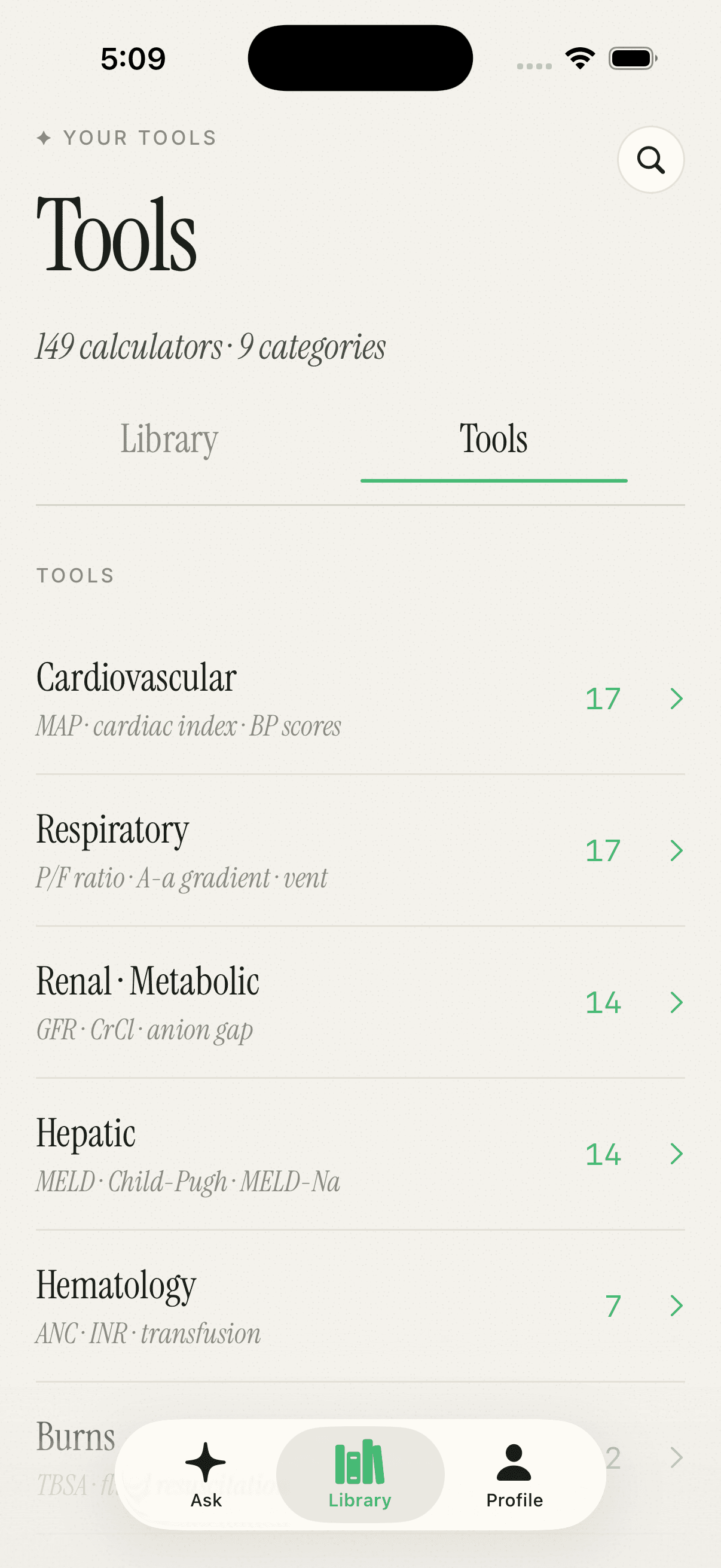 Nursemind Tools tab — 149 calculators in 9 categories: Cardiovascular, Respiratory, Renal, Hepatic, Hematology, Burns